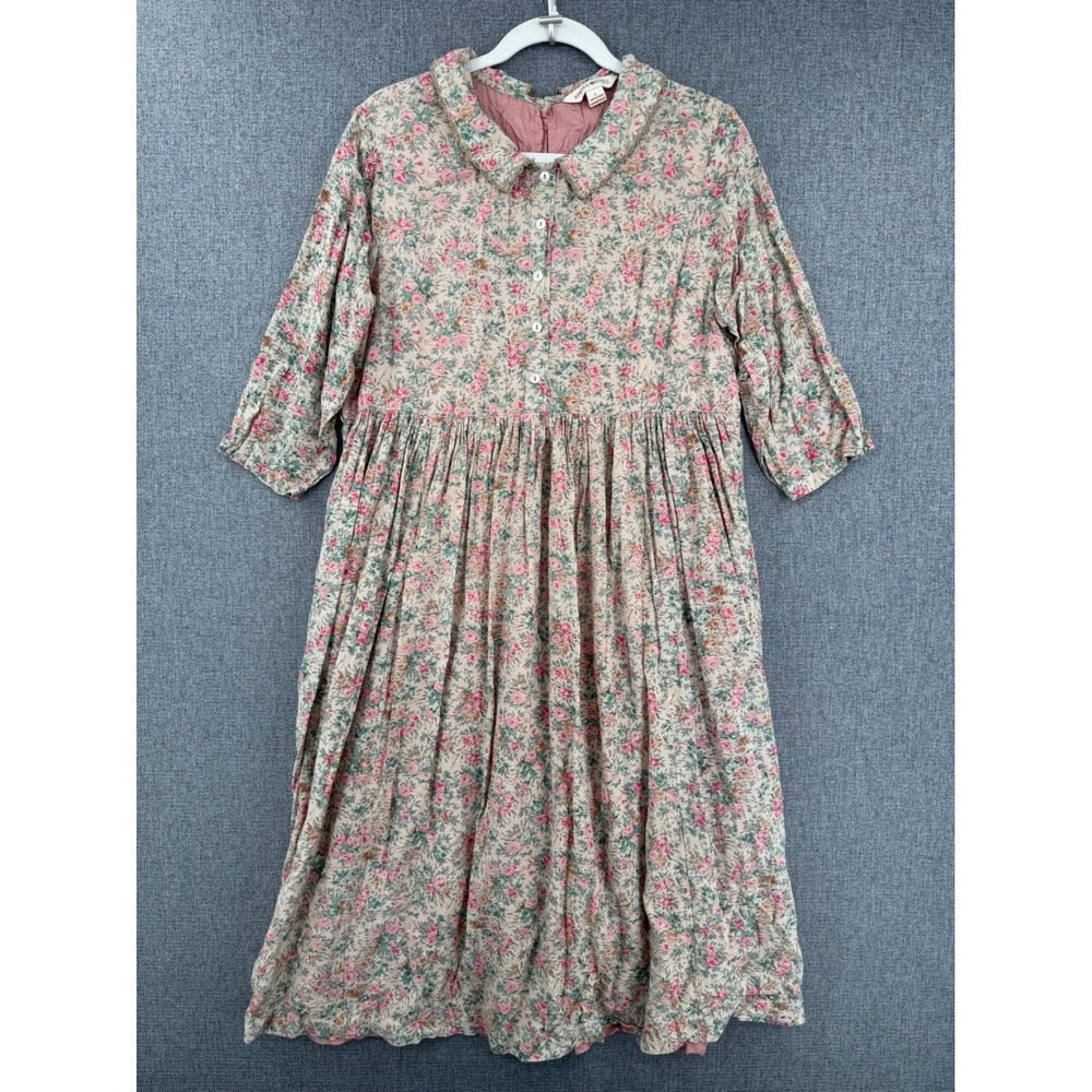 April Cornell Floral Cotton Midi Dress Sz L Pink Rose Prairie Cottagecore Pocket